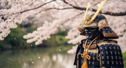 Samurai armor beneath cherry blossoms by calm waters