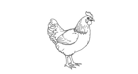Obraz premium chicken, hen, poultry, bird, farm, rural, agriculture, livestock, barn, countryside, feathered, beak, wings, tailfeather, egg, eggs, nature, animal, outline, lineart, drawing, sketch, illustration, ve