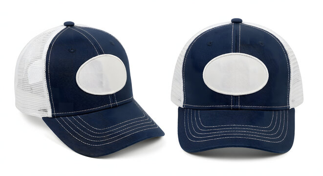 Navy blue mesh trucker hat mockup with blank round patch for logo. Front and side views isolated on white background. Perfect for branding and fashion product design.