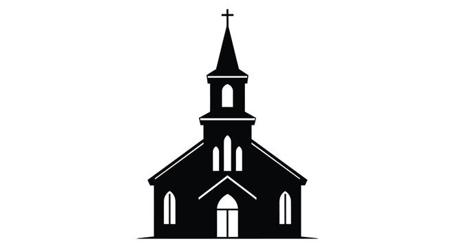 A striking black silhouette of a classic church building with a tall steeple demonstrating architectural detail silhouette high quality professional detailed modern