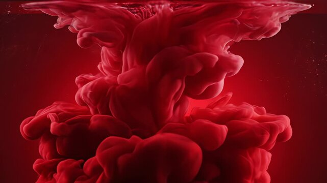 Abstract Red Ink Cloud Exploding Underwater with Dramatic Lighting and Dark Background Creating Organic Shapes and Fluid Dynamics