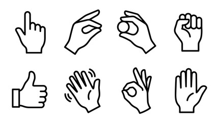 Collection of black line art hand gesture icons showing various signs like pointing, thumbs up, ok, stop, and waving in a minimalist vector style for user interface design