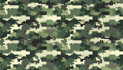 Pixelated camouflage pattern with shades of green and beige, creating a textured, abstract design