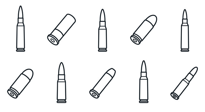 Collection of bullet and cartridge icons in a minimalist line art style, featuring various types of ammunition for rifles and handguns arranged in a scattered pattern