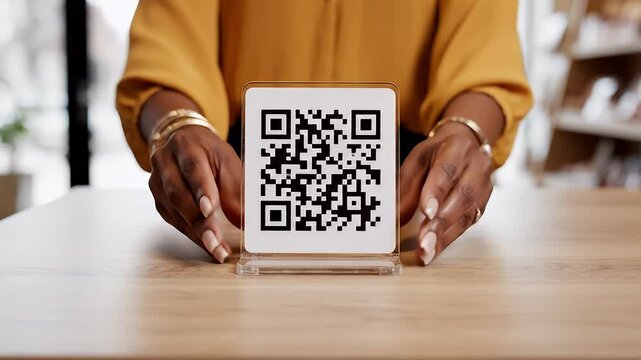 Video showing hands presenting a qrcode card on a wooden table.