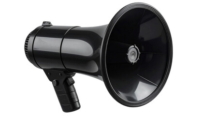 Black megaphone isolated on transparent background, high-quality PNG showing a loudspeaker device, perfect for announcements, protests, marketing, events, and communication visuals.