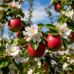 Ripe red fruit hangs among abundant white blossoms on a fruit bearing tree branch