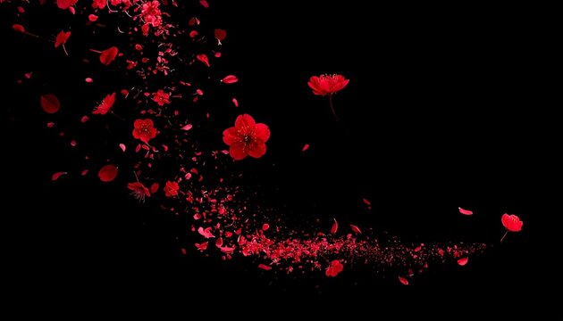 Red petals & flowers cascade diagonally down and left, isolated against a black background with gradient particle effect