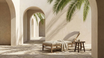 Fototapeta premium Sunlit Mediterranean Courtyard with Lounge Chair and Palm Shadow