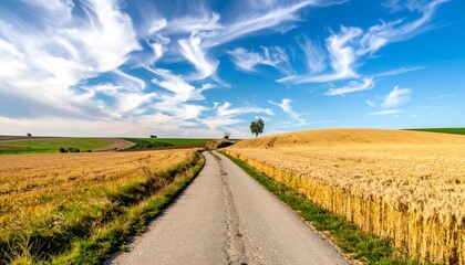 Road leads through fields, capped by a vivid blue sky streaked with wispy white clouds