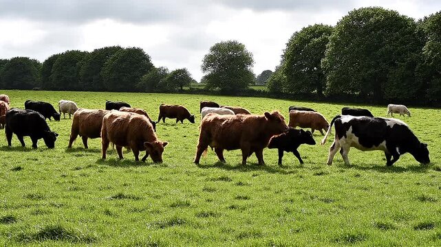 Cows Grazing in Green Pasture Landscape.