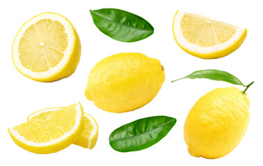 lemons with slices and green leaves isolated on white background. clipping path
