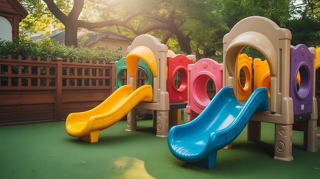 Colorful playground slides in children outdoor play area
