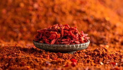 Red spices piled on a small plate, with a hazy orange powdery background. Close-up