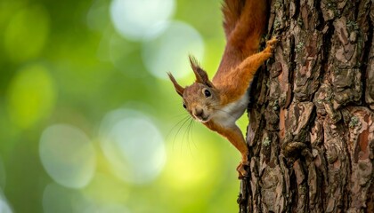 Red squirrel clings to a rough tree trunk with blurred green foliage in the background