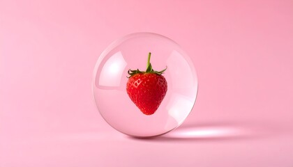 Red strawberry is encased in a glass sphere against a solid pink backdrop, creating a visually striking composition