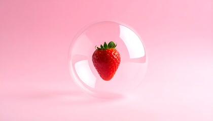 Red strawberry trapped in a transparent bubble, centered on a soft pink background. Fresh and delicate