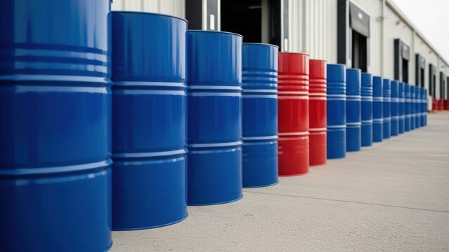 Row of blue and red metal barrels outside a warehouse. Focus on the barrels