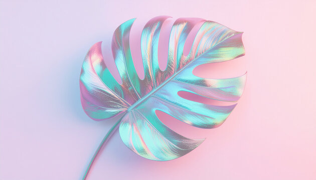 Surreal botanical background, chrome flower, liminal space hallway, editorial background, Iridescent monstera leaf with pastel pink & blue gradient lighting, A single, metallic monstera leaf shimmers