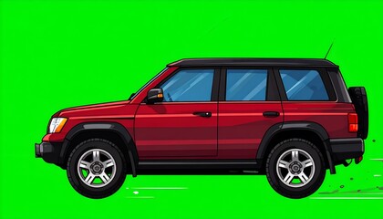 Red SUV with black roof on a green screen background, side profile
