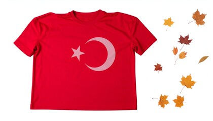 Red tee with a crescent moon & star design. Autumn leaves float by on a white background