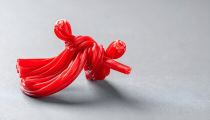 Red twisted rope-like candy, knotted in center, casting a slight shadow on a textured gray surface