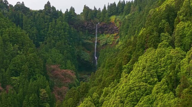 Aerial View of Cascata do Grena Waterfall in Sao Miguel, Azores