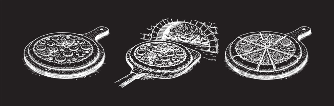 Pizzas in the oven vector sketch. Pizzas on a wooden board vector drawing on a black background with a white chalk line.