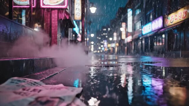 Rainy Night Cityscape - Neon Lights Reflecting on Wet Pavement.