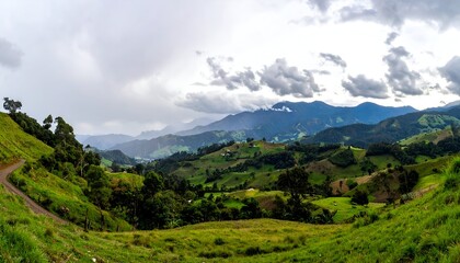 Fototapeta premium Panorama of rolling green hills under a cloudy sky, suggesting a peaceful rural scene in a hilly region