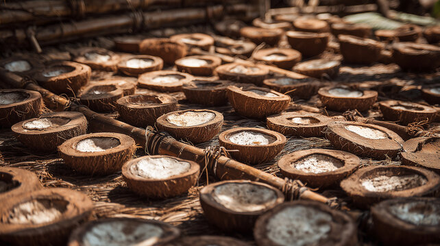The traditional method of drying copra involves spreading coconut slices on drying mats.