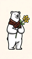 Obraz premium Smiling Polar Bear Holding Yellow Flower Wearing Brown Scarf