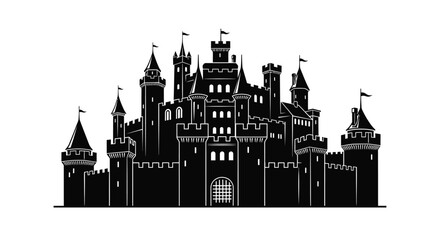 An intricate black silhouette depicts a majestic medieval castle with numerous towers and flags silhouette high quality professional detailed modern elegant stylish © CreativeAlim02