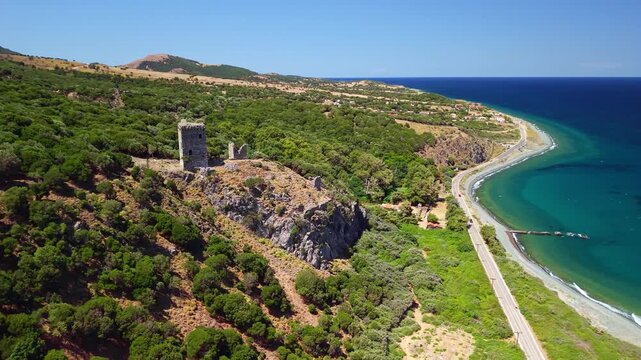 Aerial View of the Gattilusi Towers of Paleopolis Samothrace Greece