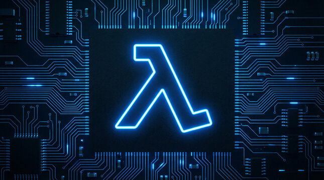 A modern minimalist icon of a "Lambda" symbol glowing on a dark circuit board background.