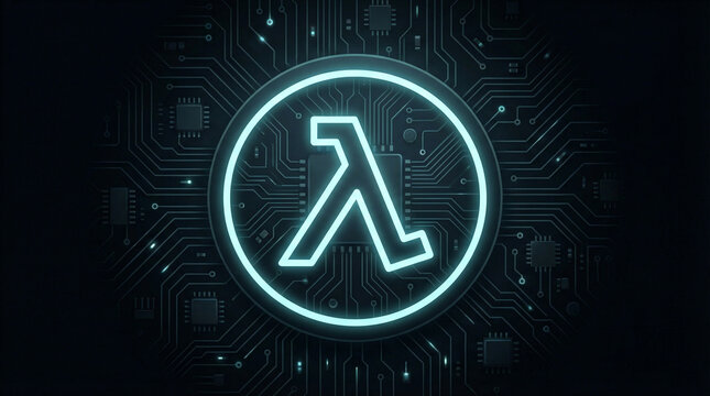 A modern minimalist icon of a "Lambda" symbol glowing on a dark circuit board background.