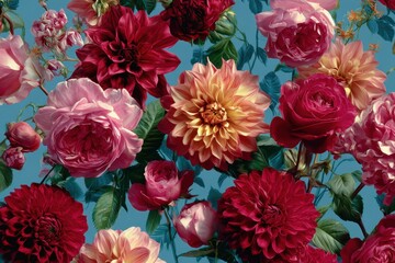 Obraz premium Vibrant floral pattern featuring roses and dahlias in a stunning array of colors, set against a serene sky-blue background for a dynamic and lively design. Perfect for nature enthusiasts