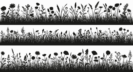 Black Grassy Field and Flower Border Silhouette Set