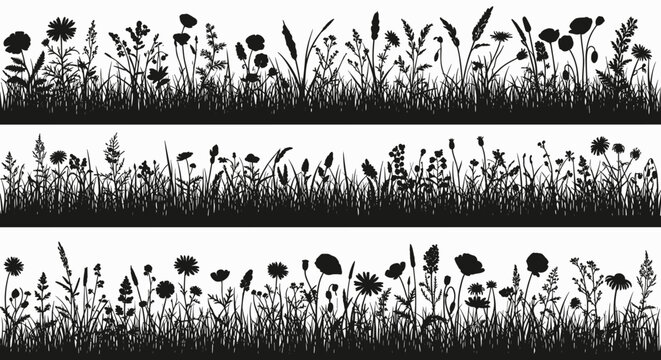 Black Grassy Field and Flower Border Silhouette Set