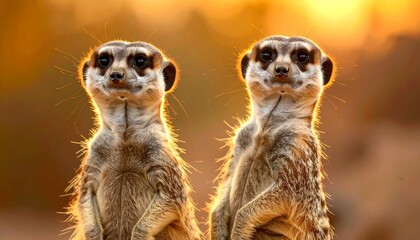 Fototapeta premium Two meerkats standing on hind legs, observing surroundings, outdoors at sunset with a clear view
