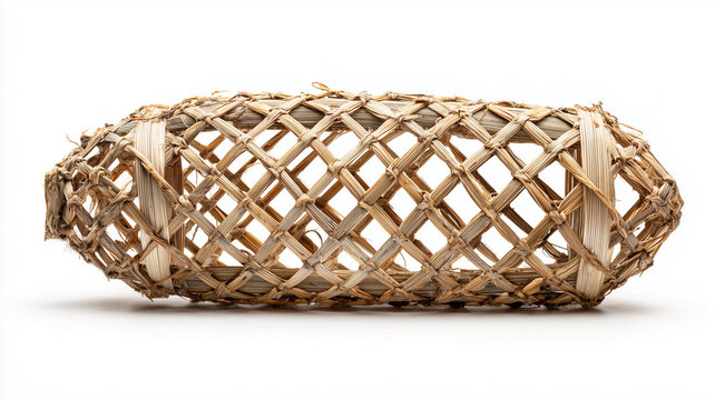 Traditional fish trap bubu with woven bamboo structure, isolated on white background.