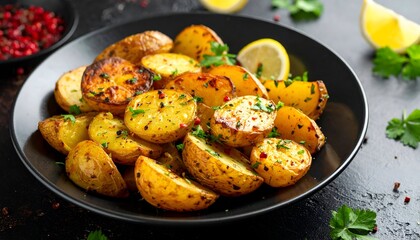 Roasted potatoes on a black plate, garnished with herbs and lemon wedges, presented against a dark backdrop