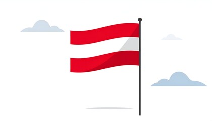 Red-white-red striped flag waving in the breeze against a clean, white background with cartoonish clouds