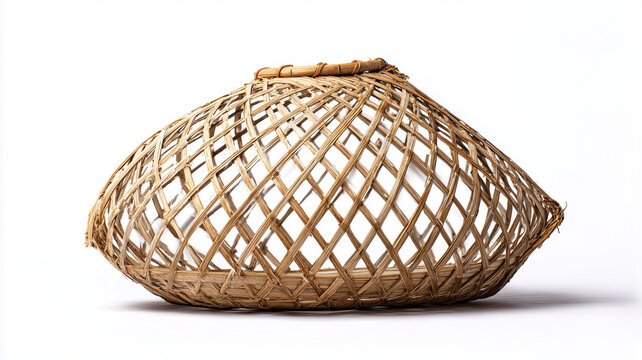 Traditional fish trap bubu with woven bamboo structure, isolated on white background.