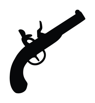 Black vector silhouette of a classic flintlock pistol on a white background