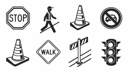 Vector Traffic Control Icons Road Safety Regulations Stop Sign Walk Signal Pedestrian Crossing Stoplight and Construction Cone Symbols Monochromatic Illustration