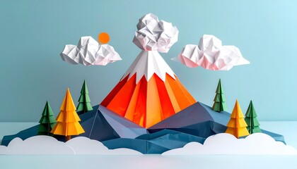 Paper-crafted volcano erupts against a light blue backdrop with trees, clouds, sun, and mountain in origami style