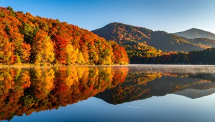 Reflective lake reflects autumn foliage and distant mountains under a blue sky