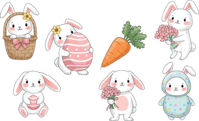 Seven adorable bunnies in various easter outfits with a carrot on a white background