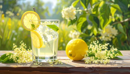 Refreshing summer drink with lemons and elderflower on a sunlit wooden surface, surrounded by foliage and blooms